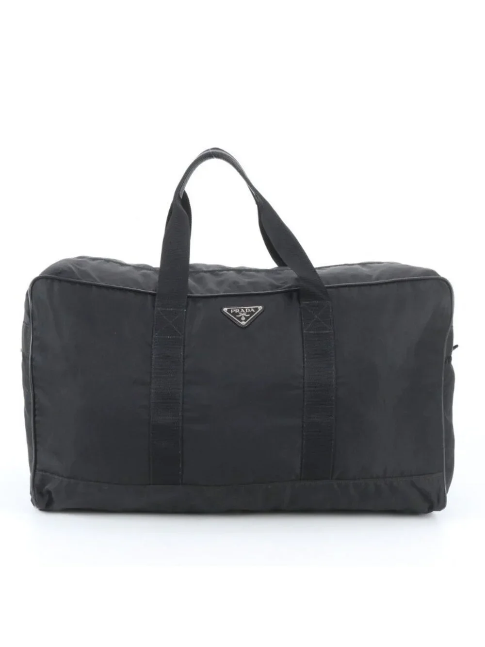 Prada Tessuto Nylon Triangle Logo Leather Boston Bag Tote Black